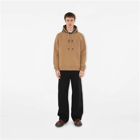 Check Trim Cotton Blend Hoodie in Camel 